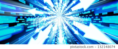 無數抽象的藍色光箭在技術概念中向上移動的 3D 插圖 132148074