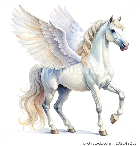 美麗的白色飛馬水彩畫（展開翅膀的夢幻白馬）2 / 傳單和海報材料 132148212
