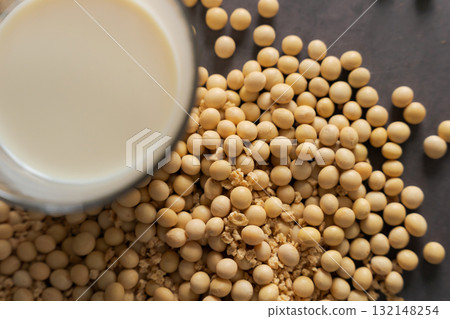 Soybeans and soy milk on the table Soybeans and soy milk on the table 132148254