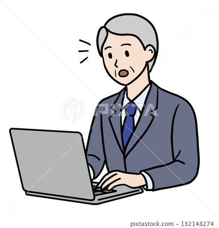 一位老人帶著驚訝的表情在電腦上工作 132148274