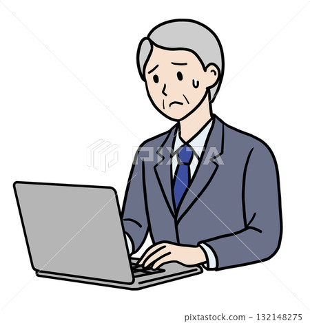一位老人在電腦前工作時，表情很苦惱 132148275