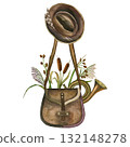 Hunting set. Hunter's bag, hat, bugle, cattails, reeds, and cane. Watercolor illustrations. Hand-drawn. Isolated on a white background 132148278