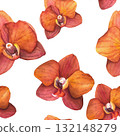 Orange Orchid Phalaenopsis. Watercolor illustration on a transparent background, hand-drawn. Seamless pattern for wallpaper and textiles. 132148279