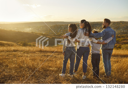 Happy family together enjoy nature rear view portrait Happy family together enjoy nature rear view portrait 132148280