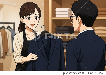 Apparel saleswoman recommending a suit to a male customer (business fashion) Apparel saleswoman recommending a suit to a male customer (business fashion) 132148457