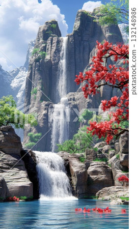 Scenic waterfall surrounded by vibrant nature and red flowers. Scenic waterfall surrounded by vibrant nature and red flowers. 132148986