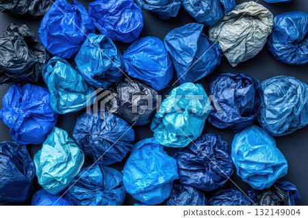 A collection of crumpled blue and black plastic bags. Concept of waste and recycling. 132149004