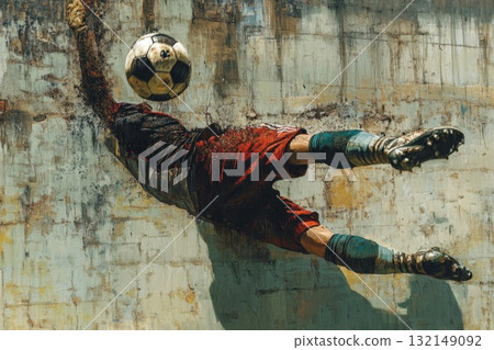 A goalkeeper diving to save a soccer ball. Action and sports concept. 132149092