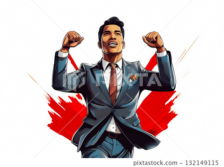Illustration of a businessman raising his hand in confidence of business success Illustration of a businessman raising his hand in confidence of business success 132149115