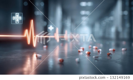Medical Capsules and Heartbeat Line Graphic Medical Capsules and Heartbeat Line Graphic 132149169