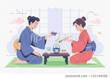 Foreign tourists enjoying a tea ceremony experience wearing yukata Foreign tourists enjoying a tea ceremony experience wearing yukata 132149206