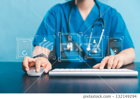 Doctor and medical worker in virtual environment to manage health information, quality certificates, checklists, document, analyst support marketing planning, medical report, work quality standard. Doctor and medical worker in virtual environment to manage health information, quality certificates, checklists, document, analyst support marketing planning, medical report, work quality standard. 132149294