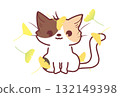 Illustration of a calico cat sitting among fluttering ginkgo leaves 132149398