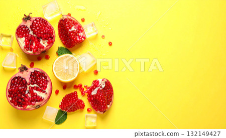 Flat lay of fresh pomegranates, lemon, and ice on a vibrant yellow background with copy space. 132149427