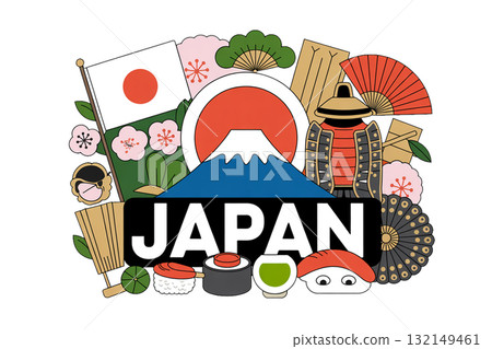 日本文化符號圖示集：富士山、壽司、櫻花、日本雨傘等平面插圖。 132149461