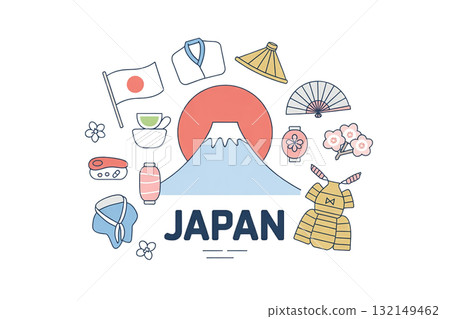 Japanese culture symbol icon set: Flat illustrations of Mt. Fuji, sushi, cherry blossoms, Japanese umbrellas, etc. 132149462