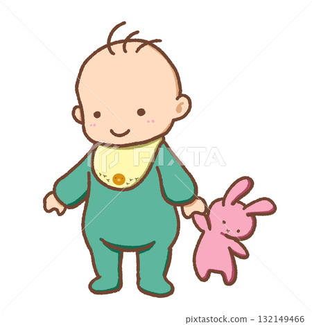 Baby holding a stuffed rabbit 132149466