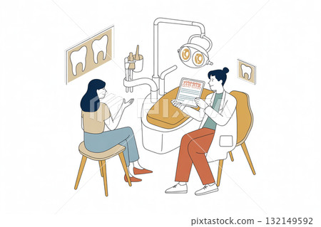 牙醫向患者解釋檢查結果的場景插圖（牙科保健諮詢） 132149592