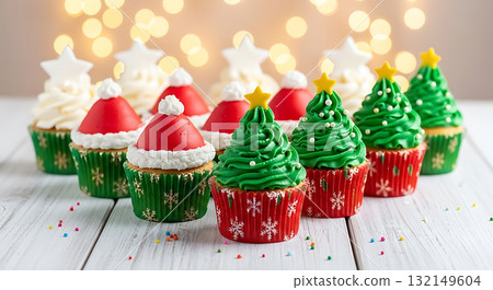 Christmas cupcakes decorated as trees and Santa hats on a wooden table dessert sweet 132149604