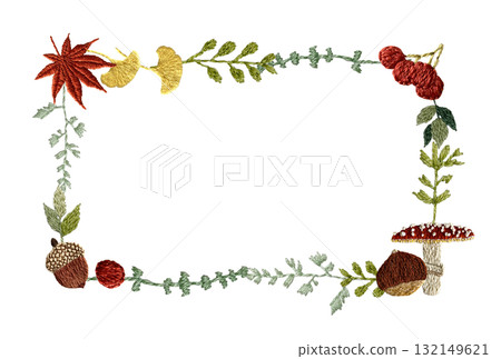 [秋季植物裝飾框方形]手工刺繡插畫素材 132149621