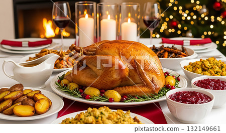 Roasted Turkey Dinner with Cranberry Sauce Stuffing and Potatoes whole turkey holiday meal 132149661