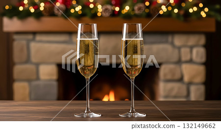 Two champagne flutes filled with bubbly liquid in front of a fireplace glasses sparkling wine Two champagne flutes filled with bubbly liquid in front of a fireplace glasses sparkling wine 132149662