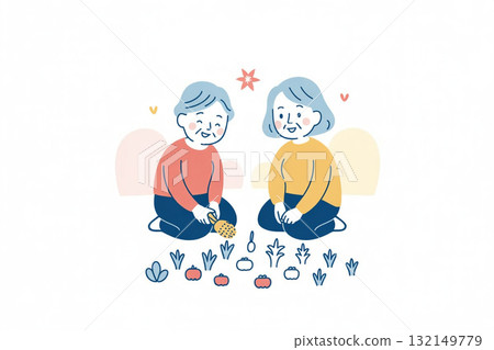 一對老年夫婦在里山的田裡一起工作 132149779