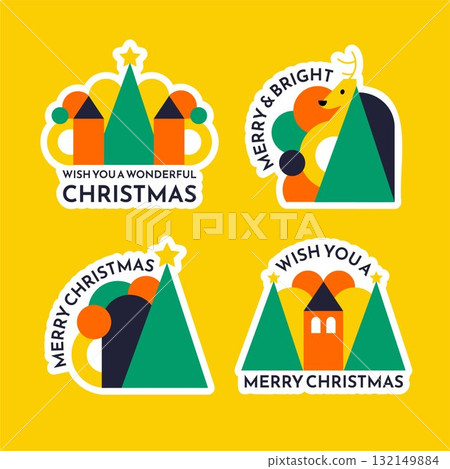 Hand Drawn Merry Christmas Celebration Label Flat Cartoon Illustration Template 132149884