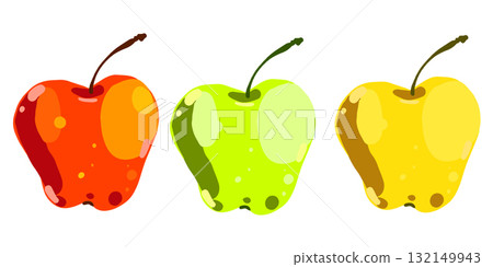 Vector illustration of three apples in red, green, and yellow colors. Hand drawn fresh fruits isolated on white background Vector illustration of three apples in red, green, and yellow colors. Hand drawn fresh fruits isolated on white background 132149943