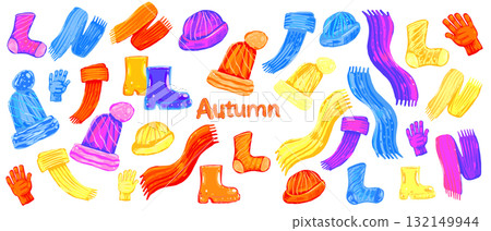 Vector illustration of autumn clothes set with scarves, hats, gloves, and boots. Hand drawn warm accessories collection isolated on white background Vector illustration of autumn clothes set with scarves, hats, gloves, and boots. Hand drawn warm accessories collection isolated on white background 132149944