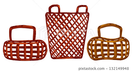 Vector illustration of woven picnic baskets. Hand drawn wicker storage set isolated on white background 132149948