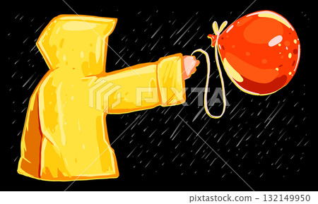 Vector illustration of a person in yellow raincoat giving a red balloon. Atmospheric concept art in minimal style Vector illustration of a person in yellow raincoat giving a red balloon. Atmospheric concept art in minimal style 132149950