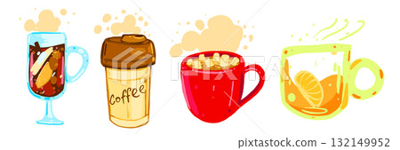 Vector illustration of hot drinks set including mulled wine, coffee, cocoa, and tea. Hand drawn warm beverages collection isolated on white background 132149952