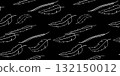 Seamless vector pattern of abstract silver feather-like strokes on a black background, repeated in an elegant decorative arrangement. 132150012