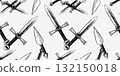 Seamless vector pattern of knives arranged diagonally, black and white sketch style, symbolizing weapons, danger, and edgy decoration. 132150018
