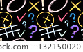 Colorful graphic pattern with crosses, notes, and question marks on a dark background. Decorative abstract composition with playful graffiti mood. 132150020