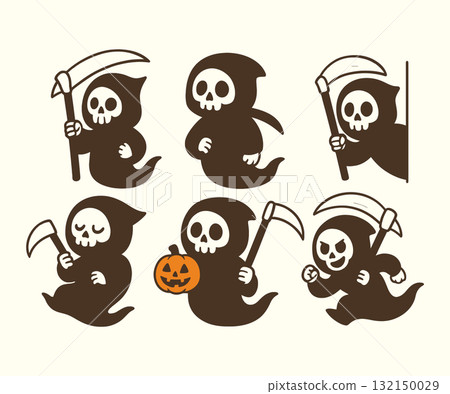 Set of cute cartoon grim reaper characters with different poses and expressions. Halloween illustration in flat vector style, featuring scythe and pumpkin. 132150029