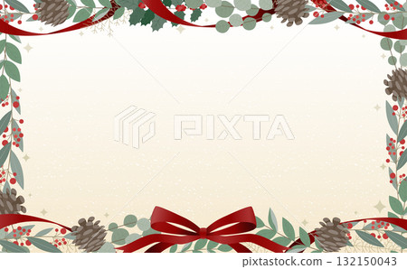 A gorgeous horizontal frame combining Christmas plants, leaves, holly and ribbons 132150043