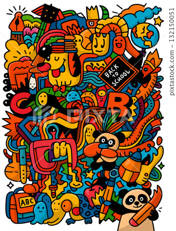 Colorful doodle art, cartoon animal, back to school, playful, creative, vibrant, fun Colorful doodle art, cartoon animal, back to school, playful, creative, vibrant, fun 132150051