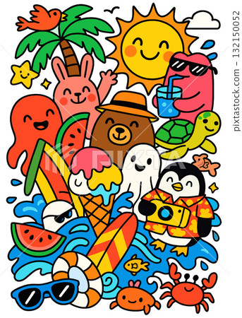 Cartoon summer beach animals, sun, palm, watermelon, ice cream, joyful vacation vibe 132150052