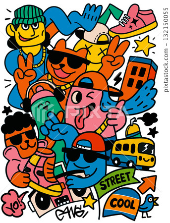 Street cartoon colorful urban playful character graffiti happy fun doodle cool peace sneaker bus 132150055