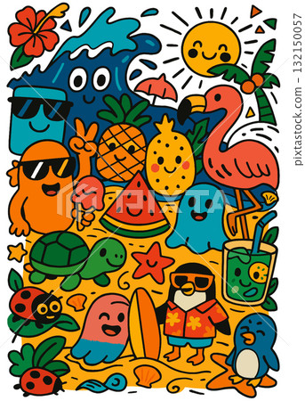Summer, beach, sun, flamingo, pineapple, and watermelon create cheerful tropical vacation vibe 132150057