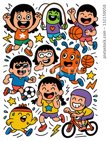 Happy children playing sports, jumping, cycling, and laughing, colorful cartoon style Happy children playing sports, jumping, cycling, and laughing, colorful cartoon style 132150058