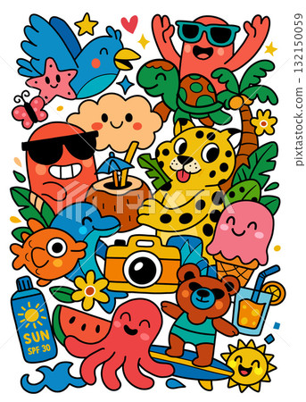Summer cartoon illustration with animals, fruit, camera, coconut, and sun, expressing happiness 132150059