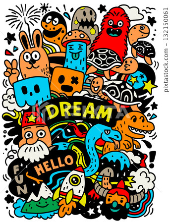 Dream fun hello cartoon doodle colorful animal dinosaur mushroom rocket playful 132150061