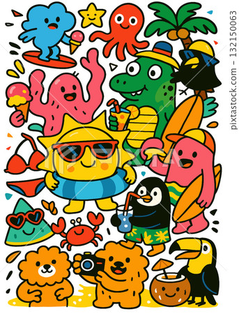 Cartoon summer beach fun character, sun, animal, surfing, ice cream, tropical, happy 132150063