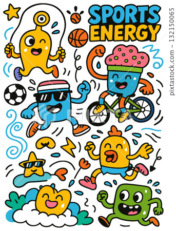 Sports energy cartoon characters, running, cycling, playing soccer, joyful, colorful, energetic Sports energy cartoon characters, running, cycling, playing soccer, joyful, colorful, energetic 132150065