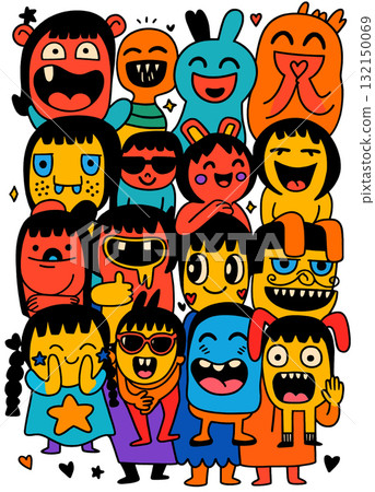 Colorful cartoon characters with happy, playful, and silly expressions, group illustration 132150069