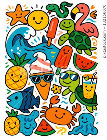 Happy sun smiling turtle pineapple ice cream popsicle watermelon crab fish summer Happy sun smiling turtle pineapple ice cream popsicle watermelon crab fish summer 132150070