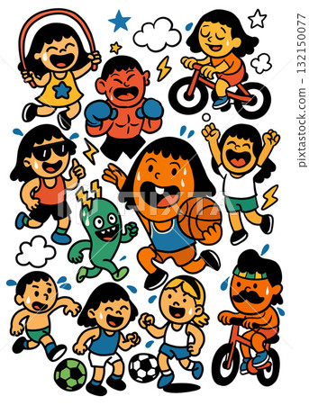 Children playing basketball, soccer, cycling, skipping rope, boxing, and running, joyful 132150077